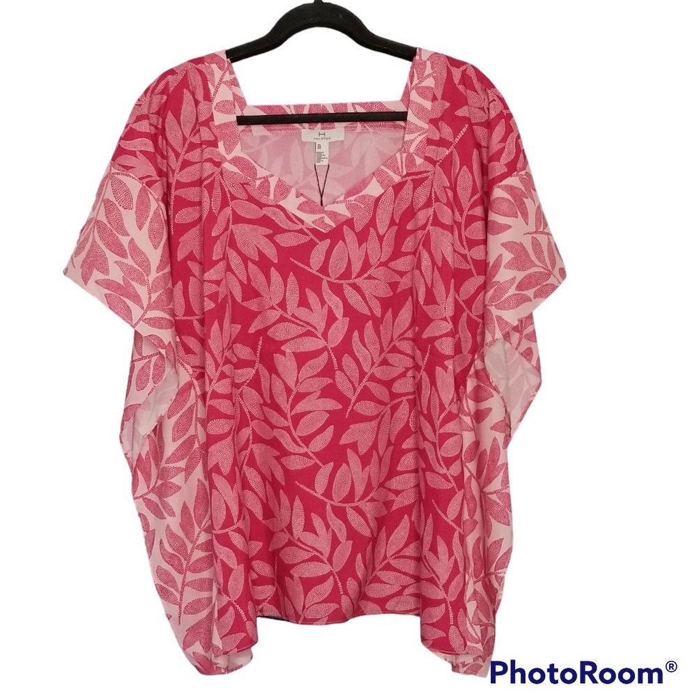 NWT H by Halston Dotted Leaf Bright Rose Caftan Beach Cover Up Top, Size M/L
